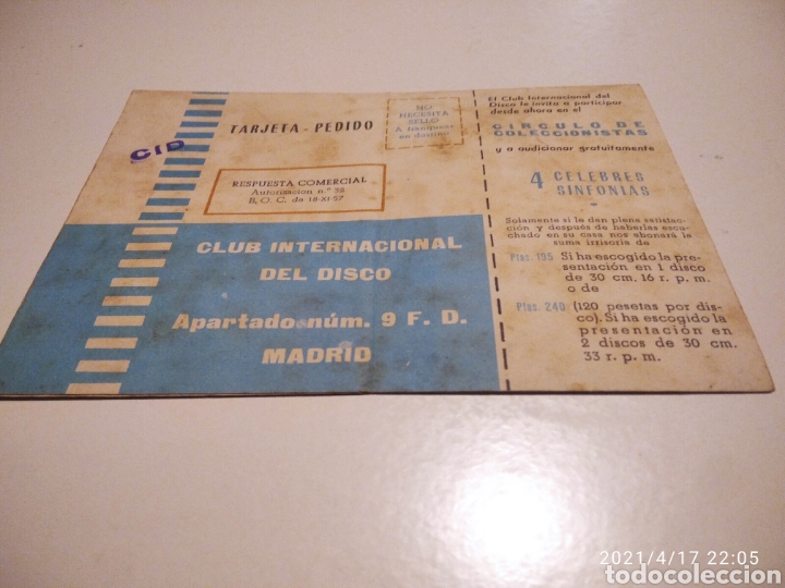 Magazines de musique: Tarjeta pedido, Club Internacional del Disco