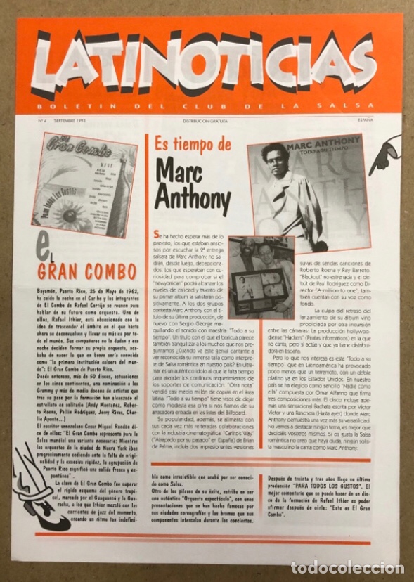 Music magazines: LATINOTICIAS N&deg; 4 (1995). BOLET&Iacute;N DEL CLUB DE LA SALSA. MARC ANTHONY, EL GRAN COMBO,&hellip;