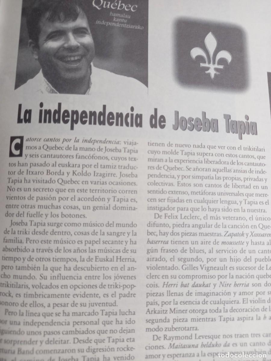 Magazines de musique: QUEBEC, NUEVO DISCO DE JOSEBA TAPIA. EXTRA&Iacute;DO DE HIKA FEBRERO 2000