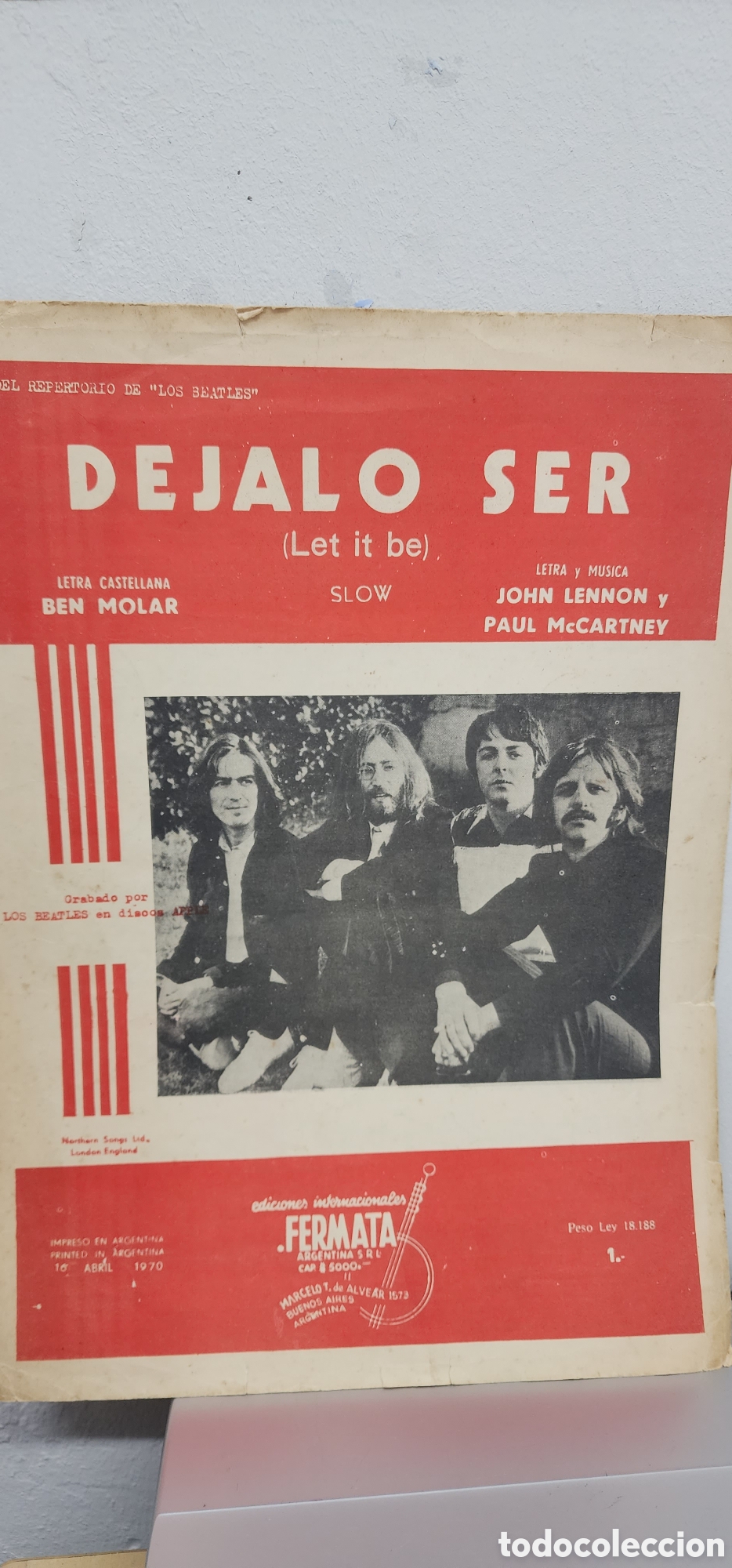Revistas de m&uacute;sica: THE BEATLES: PARTITURA ORIGINAL &rdquo;DEJALO SER &rdquo; ARGENTINA ABRIL de 1970 FABULOSA PIEZA DE COLECCION