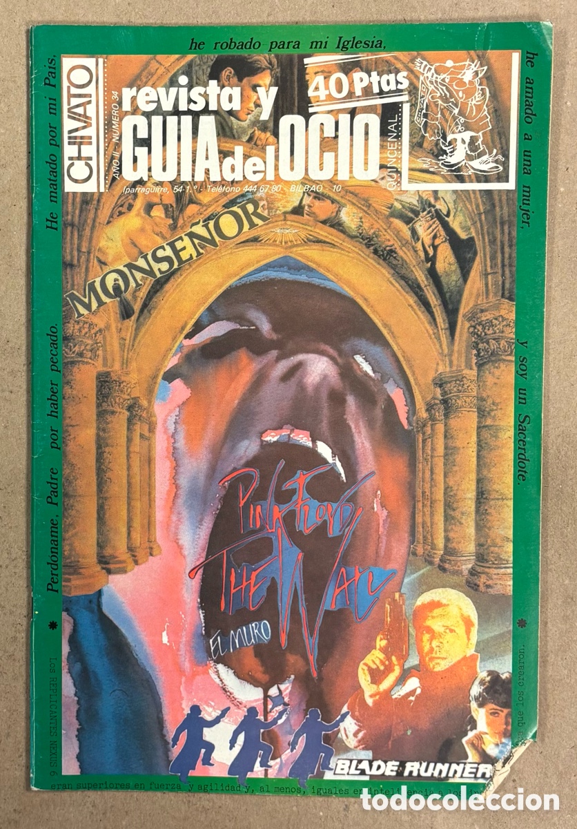 Revistas de m&uacute;sica: CHIVATO N&deg; 34 (1983) REVISTA Y GU&Iacute;A DEL OCIO DE BILBAO; ESKORBUTO, RIP, AZUL Y NEGRO CARTEL ANUNCIO