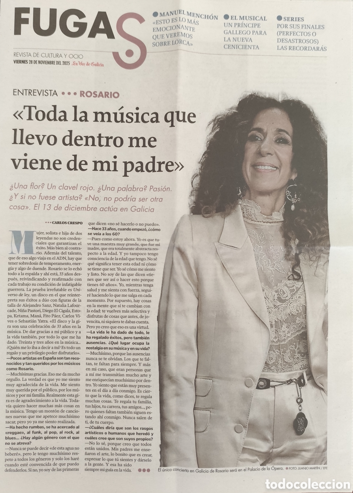 Revistas de m&uacute;sica: FUGAS. SUPLEMENTO DE LA VOZ DE GALICIA. 28.11.25. ROSARIO FLORES