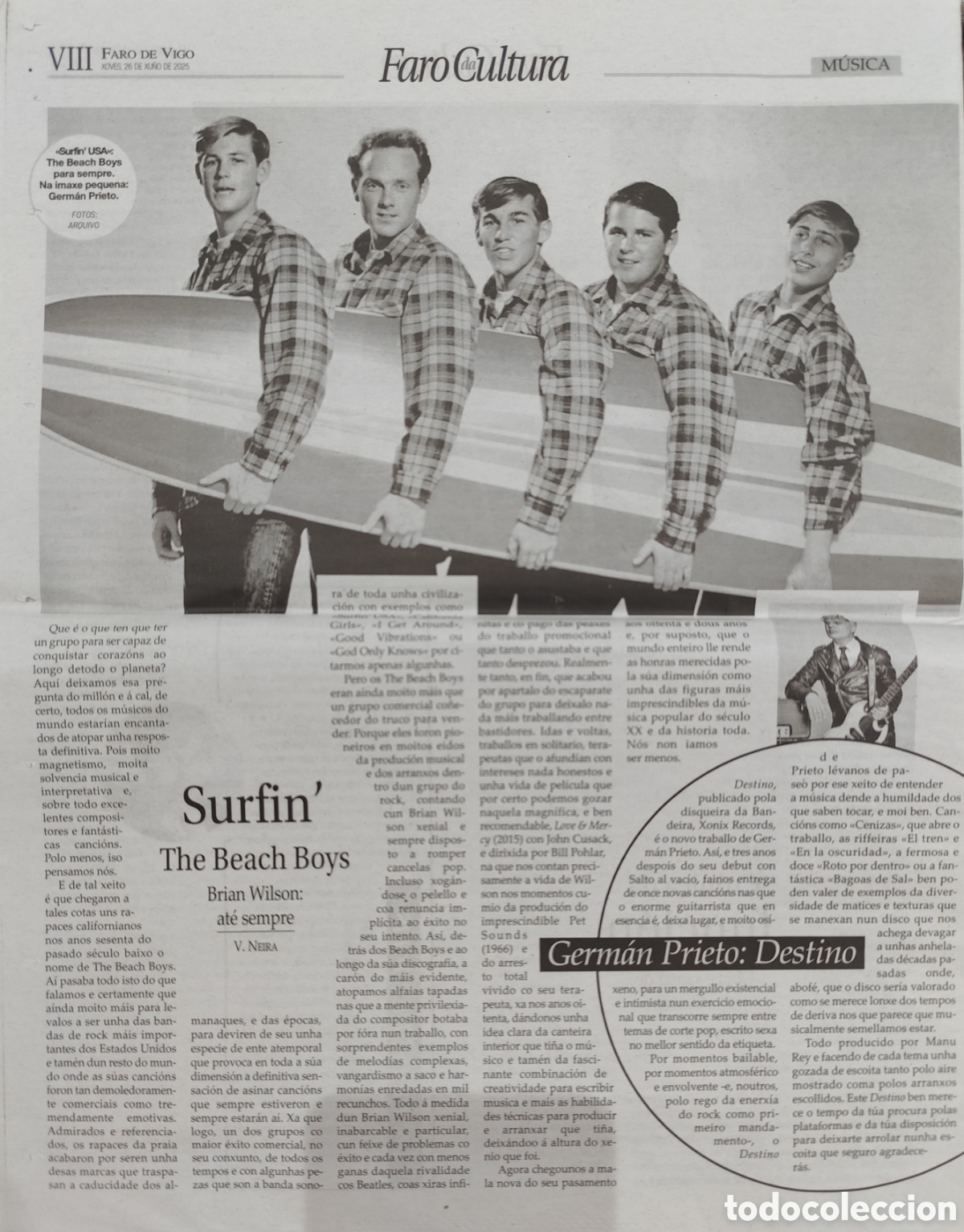 Revistas de m&uacute;sica: FARO DA CULTURA, SUPLEMENTO DEL PERI&Oacute;DICO FARO DE VIGO.26/06/25. THE BEACH BOYS