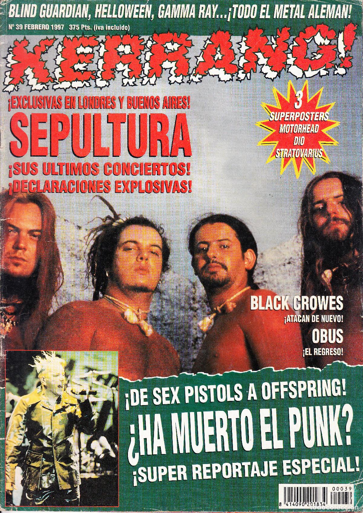 Revistas de m&uacute;sica: KERRANG. N&ordm; 39. SEPULTURA, ESPECIAL METAL ALEMAN, ESPECIAL PUNK, BLACK CROWES