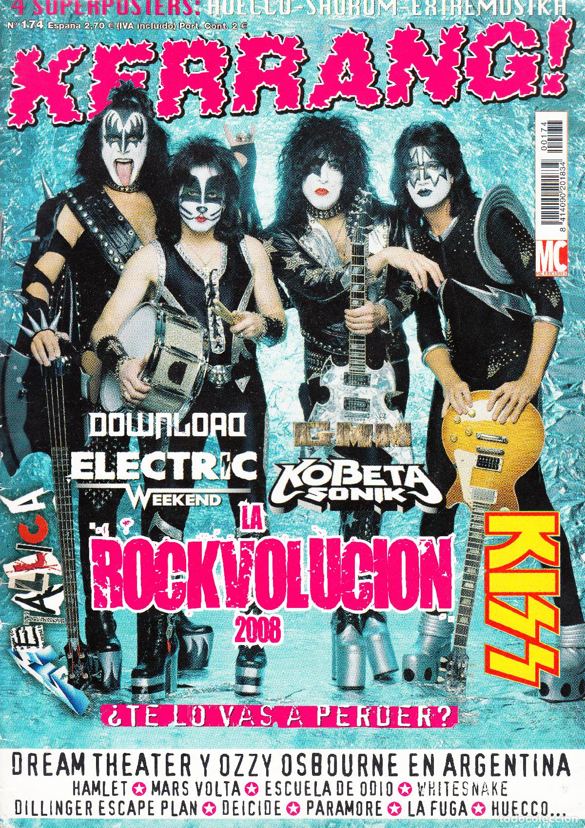 Revistas de m&uacute;sica: KERRANG. N&ordm; 174. KISS, LA ROCKVOLUCION 2008, DREAM THEATER, HAMLET, MARS VOLTA