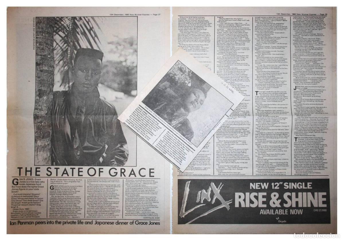 Revistas de m&uacute;sica: GRACE JONES 3 page 1980 Interview NME UK newspaper article clipping cutting recorte