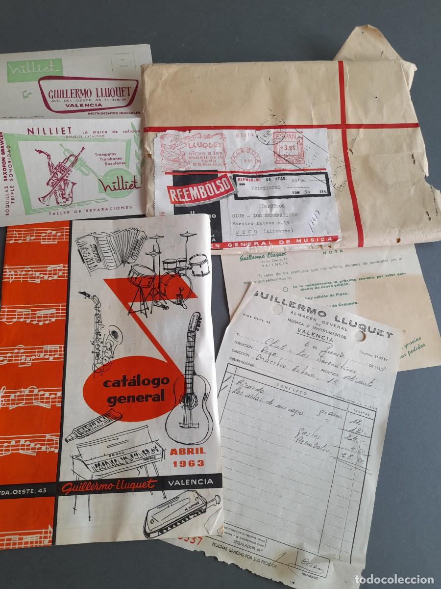 Revistas de m&uacute;sica: Sobre, cat&aacute;logos y factura de almac&eacute;n general musica e instrumentos Guillermo lluquet, Valencia 1963