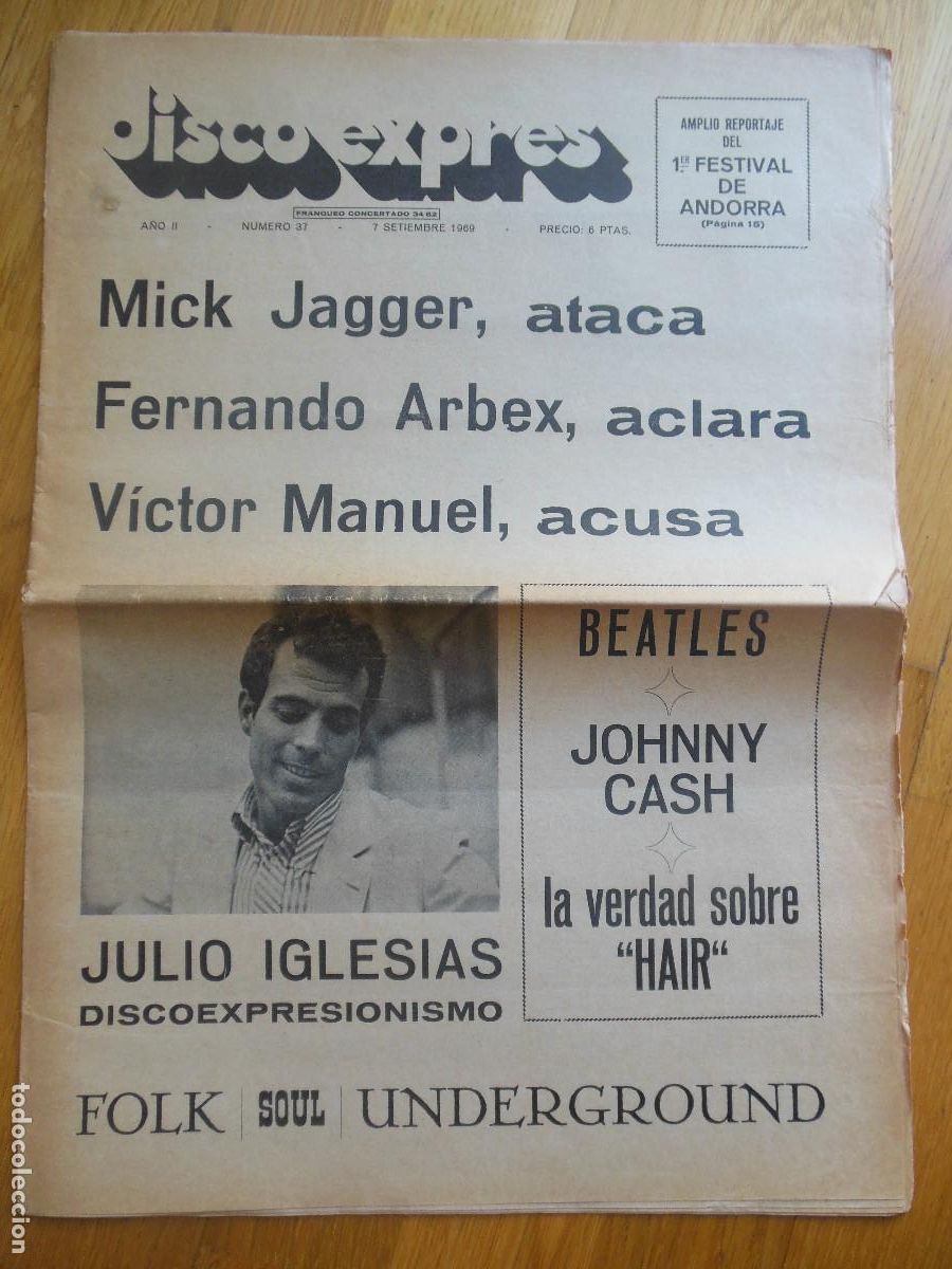 Revistas de m&uacute;sica: REVISTA DISCO EXPRES N&ordm; 37 THE ROLLING STONES BEATLES HAIR FERNANDO ARBEX JULIO IGLESIAS 1969