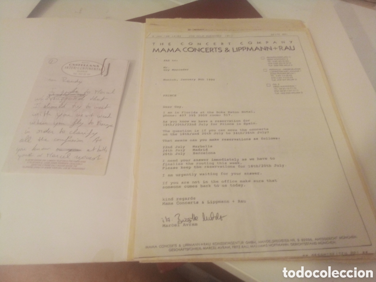 Revistas de m&uacute;sica: PRINCE dossier 1990 8 p&aacute;ginas telefax + notas manuscritas Gay Mercader Mama concerts