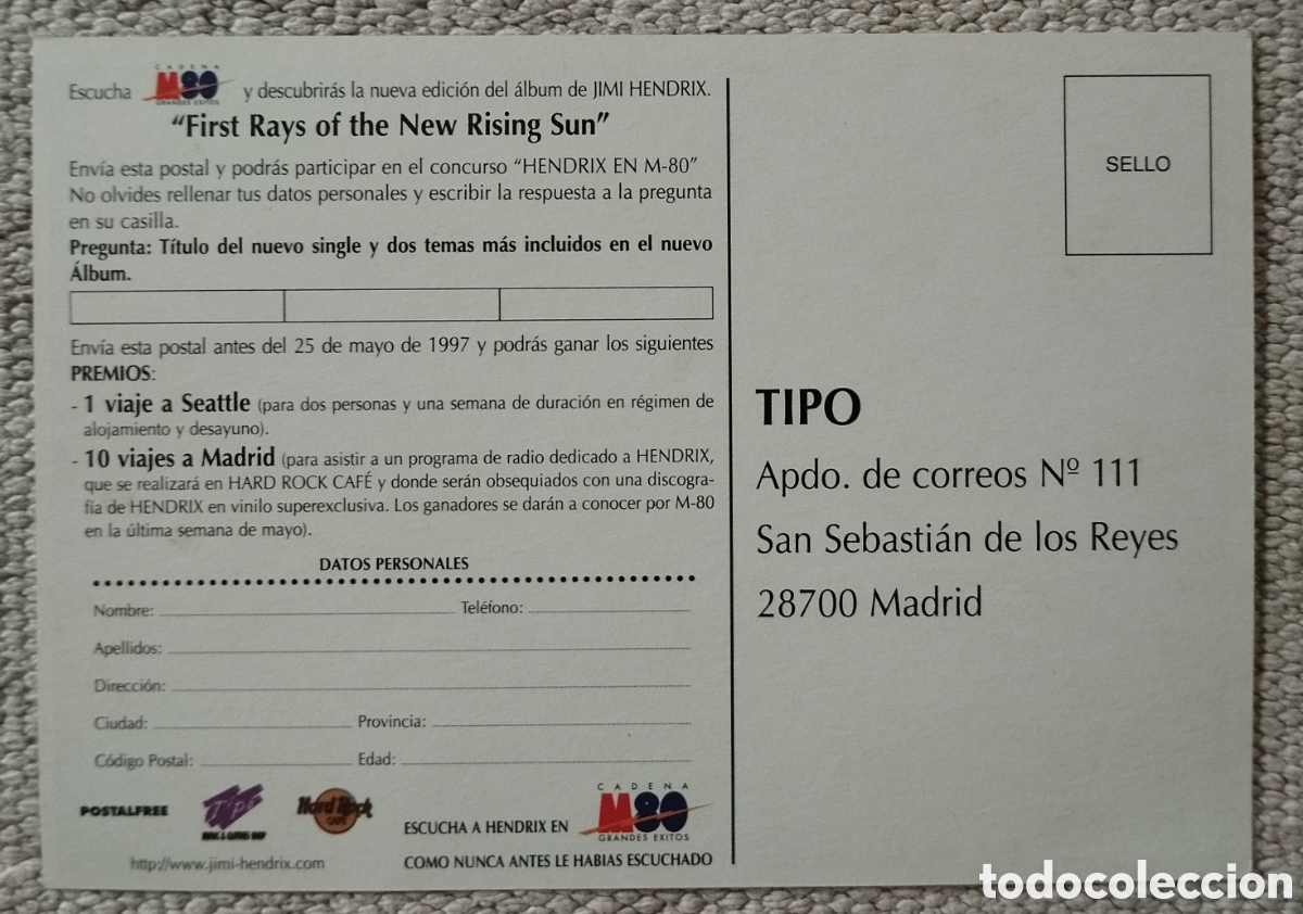 Revistas de m&uacute;sica: Jimi Hendrix - postal - Foto 3