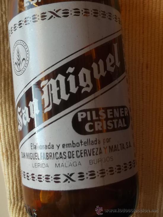 Nuevo: BOTELLA CERVEZA SAN MIGUEL A&Ntilde;OS 70. ENCONTRADA EN CIMIENTOS DE OBRA D 1973. NUEVA