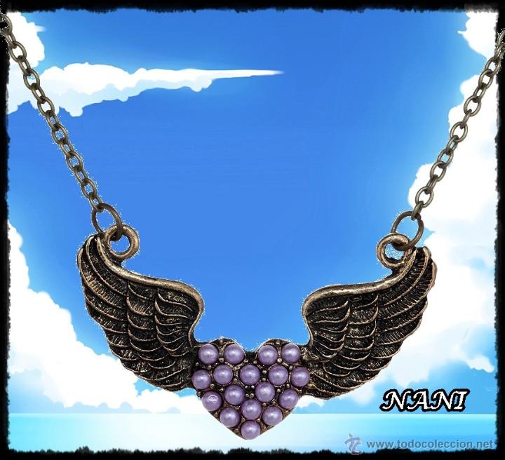 Nuevo: COLLAR DE BRONCE CON ALAS ANGEL Y CORAZON DE PERLAS ROSAS - Foto 1