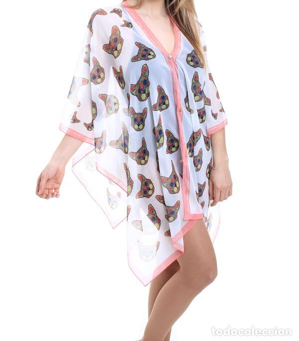 Nuevo: Caft&aacute;n blanco estampado gatos multicolores - Foto 2