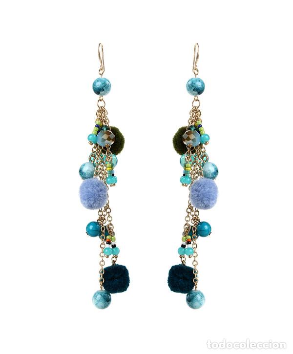 Nuevo: Pendientes pompones y piezas azul y turquesa - Foto 1