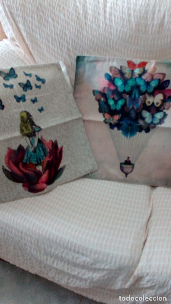 Nuevo: Dos fundas de lino y algodon 45x45 dibujo mariposas. - Foto 3