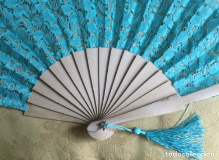 Nuevo: ABANICO DE MADERA Y BLONDA COLOR TURQUESA - Foto 12