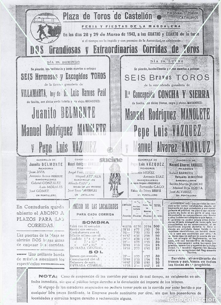 Nuevo: TOROS EN CASTELLON CARTEL DE LUJO JUANITO BELMONTE, M. RODRIGUEZ MANOLETE Y PEPE LUIS VAZQUEZ 1943