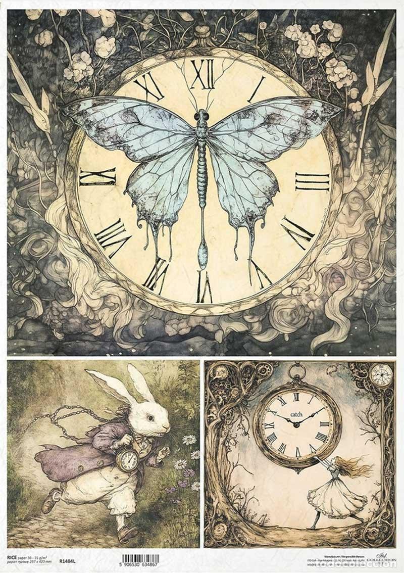 Neuf: Papel de arroz A3. Alicia en el pa&iacute;s de las maravillas. 29,7 x 42 cm. Conejo, Reloj y Mariposa (prec