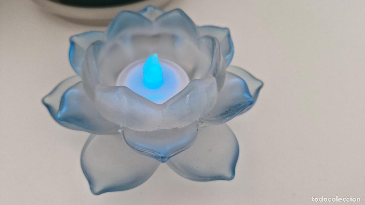 Nuevo: Portavelas de Vidrio Cristal Flor de Loto Color Azul