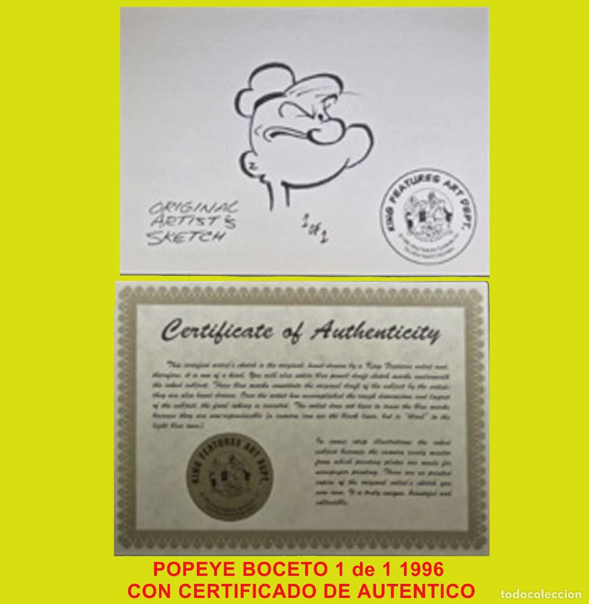 Nuevo: POPEYE BOCETO ORIGINAL 1 de 1 CON CERTIFICADO DE AUTENTICO