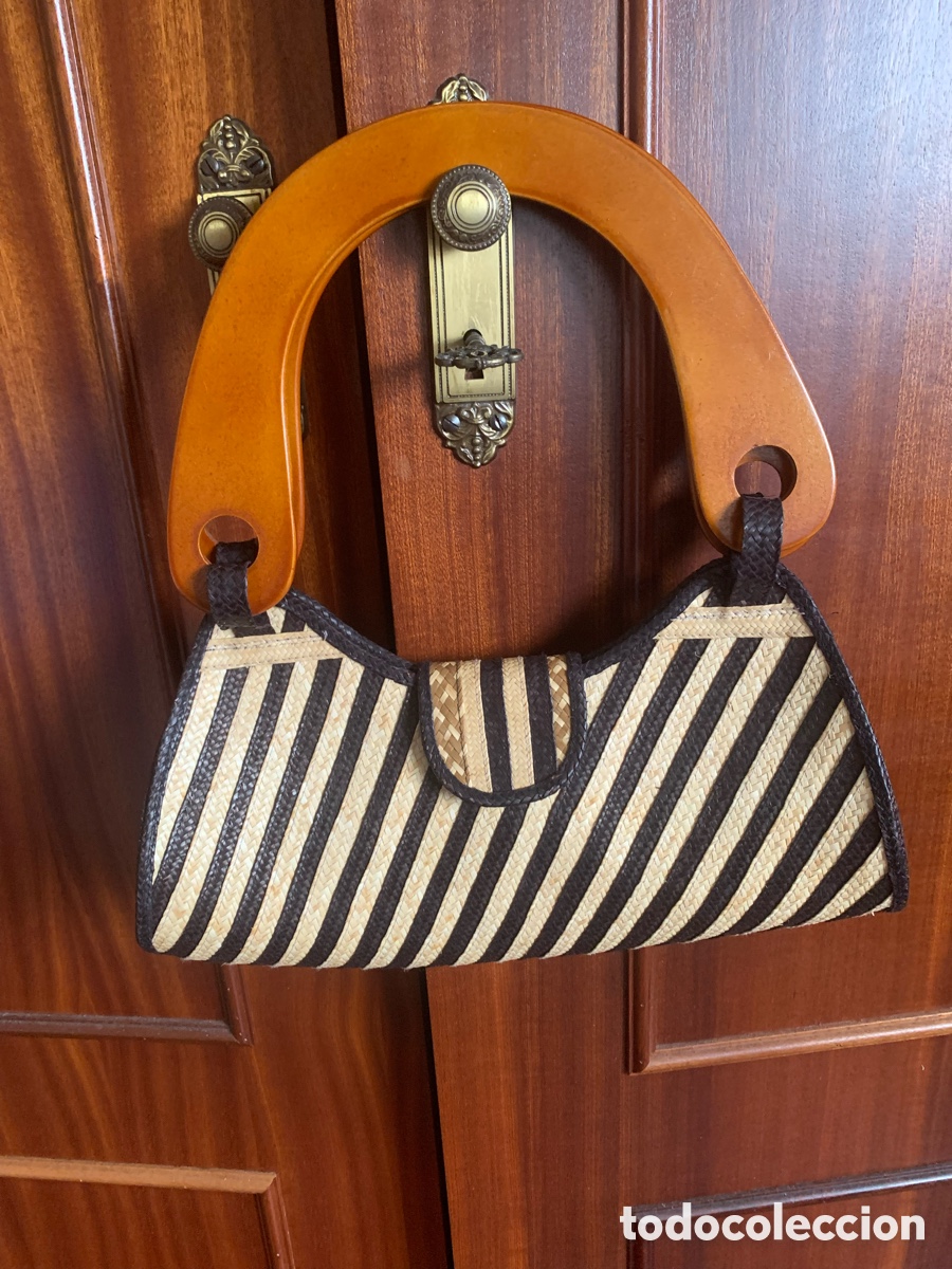 Nuevo: Bolso vintage artesanal con asa de madera &ndash; rafia color crema y marron