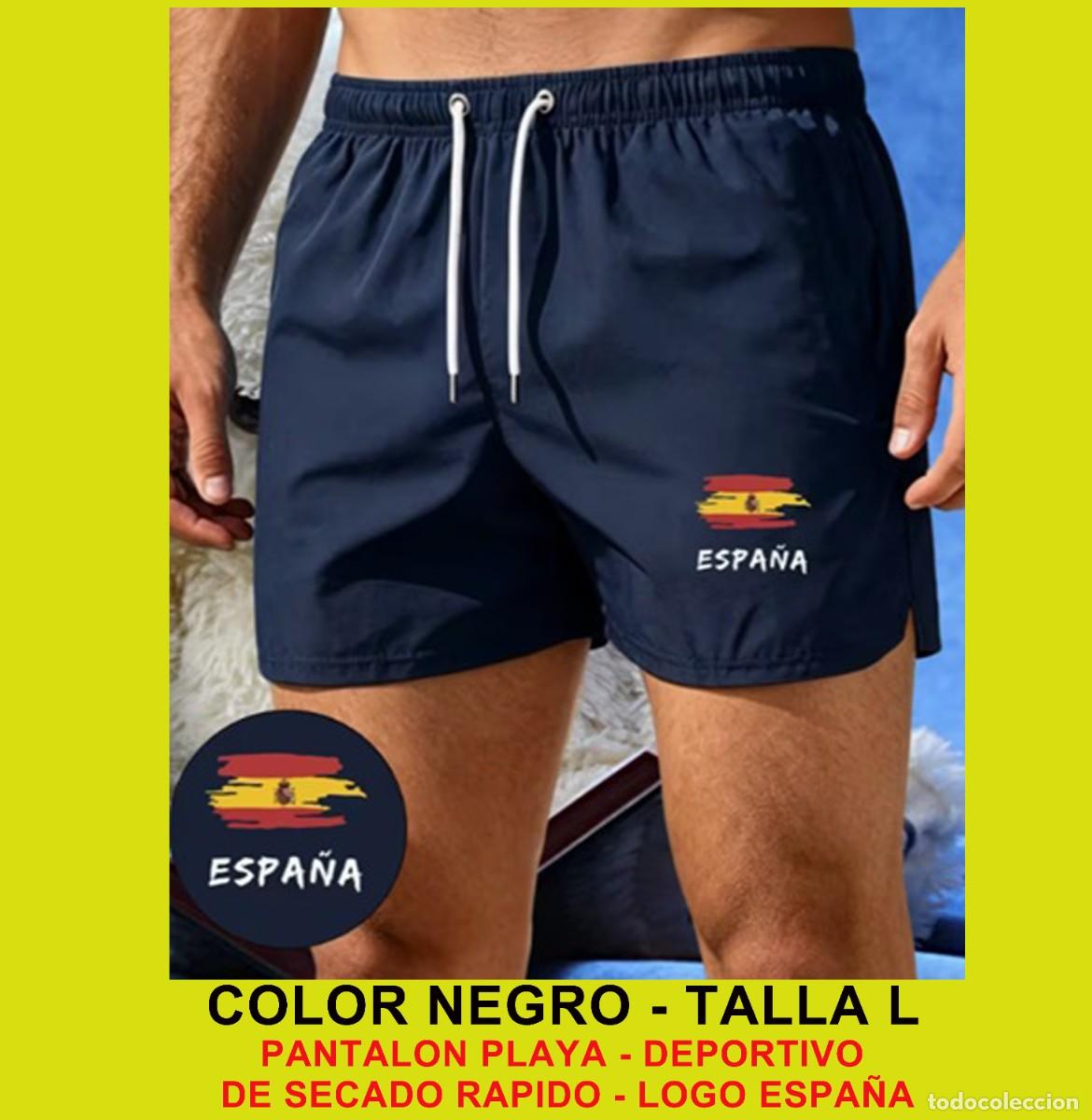 Nuevo: PANTALON PLAYA HOMBRE Y DEPORTIVO DE SECADO RAPIDO - COLOR NEGRO - TALLA L - LOGO ESPA&Ntilde;A