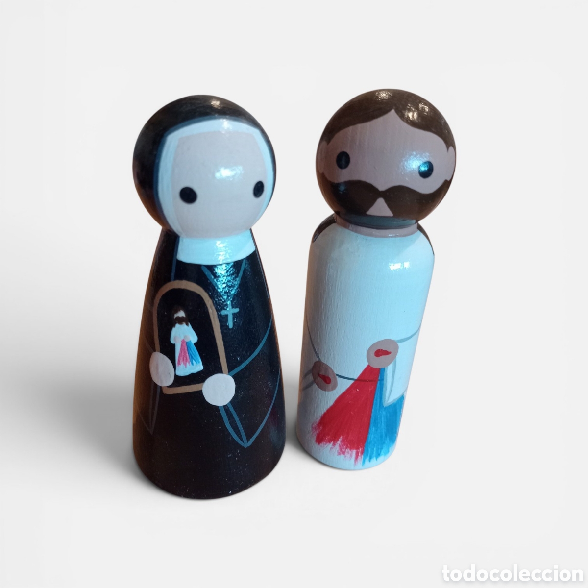 Nuevo: Figuritas pegdoll madera 10 cm pintadas a mano, Santa Faustina Kowalska y Jes&uacute;s de la Misericordia
