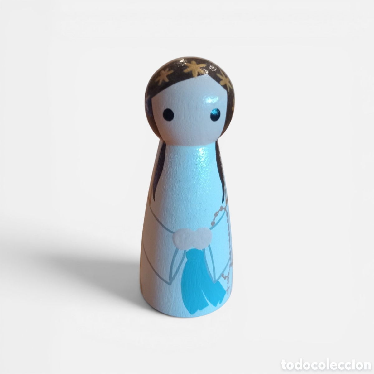Nuevo: Figurita pegdoll madera pintado a mano, 10 cm, Santa Mar&iacute;a de Lourdes