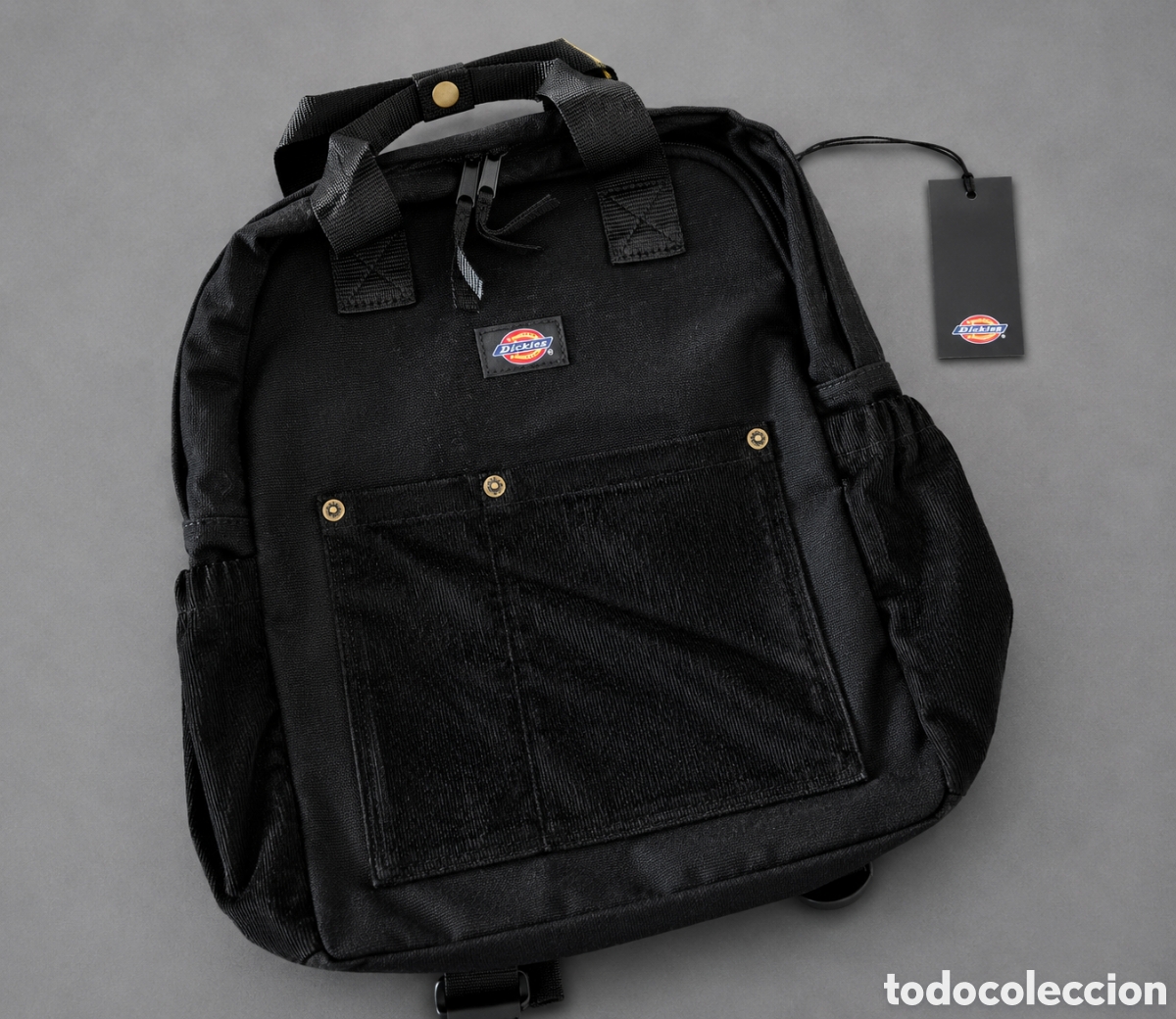 Nuevo: Mochila Dickies negra de lona y pana con etiquetas 40x35 cm
