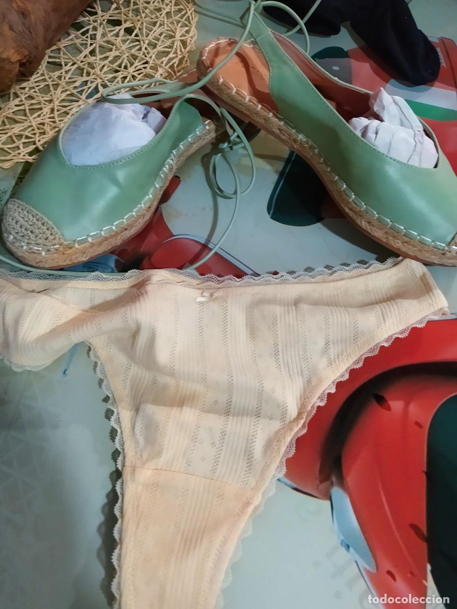 Nuevo: Zapatos piel verdes con suela de esparto y goma para comodidad atados +regalo tanga amarillo pastel