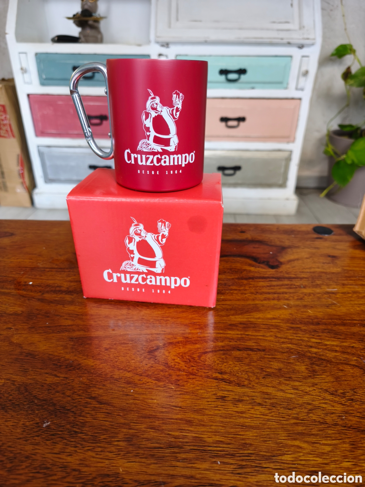 Nuevo: Vaso de aluminio Cruzcampo con mosquet&oacute;n