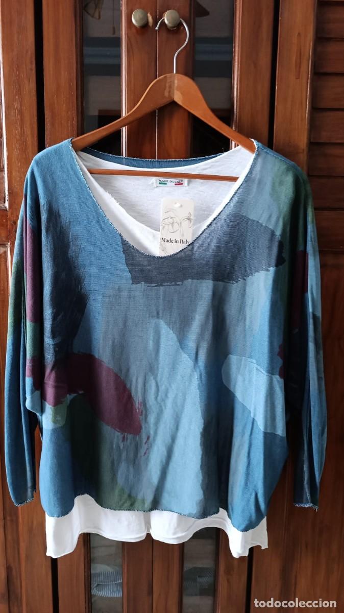 Nuevo: CAMISETA DOBLE SE&Ntilde;ORA ESTAMPADA ADORNO PLATEADO - MADE IN ITALY - TALLA &Uacute;NICA.
