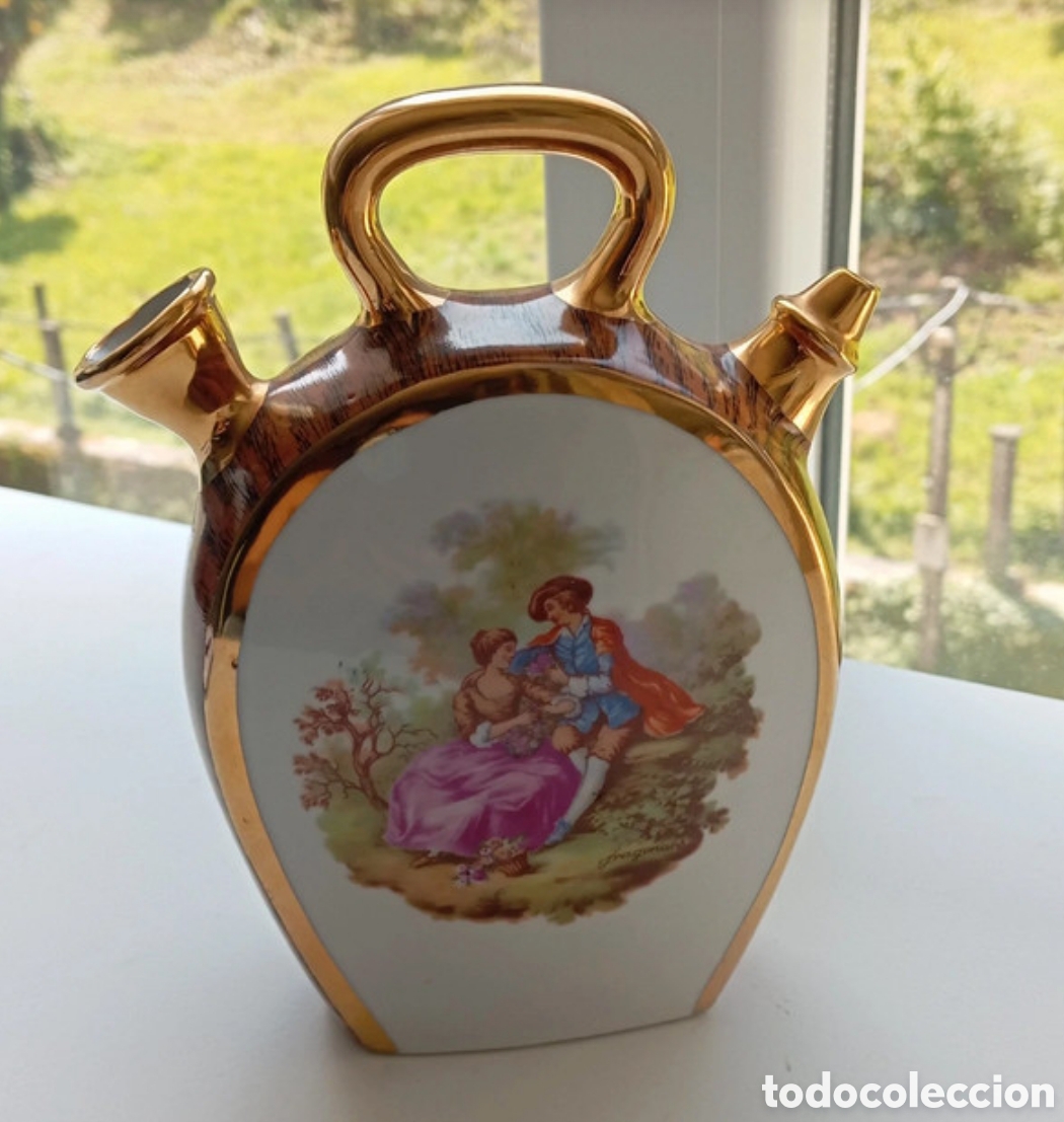 Nuevo: Botijo Porcelana Decorado Pareja Oro y Blanco