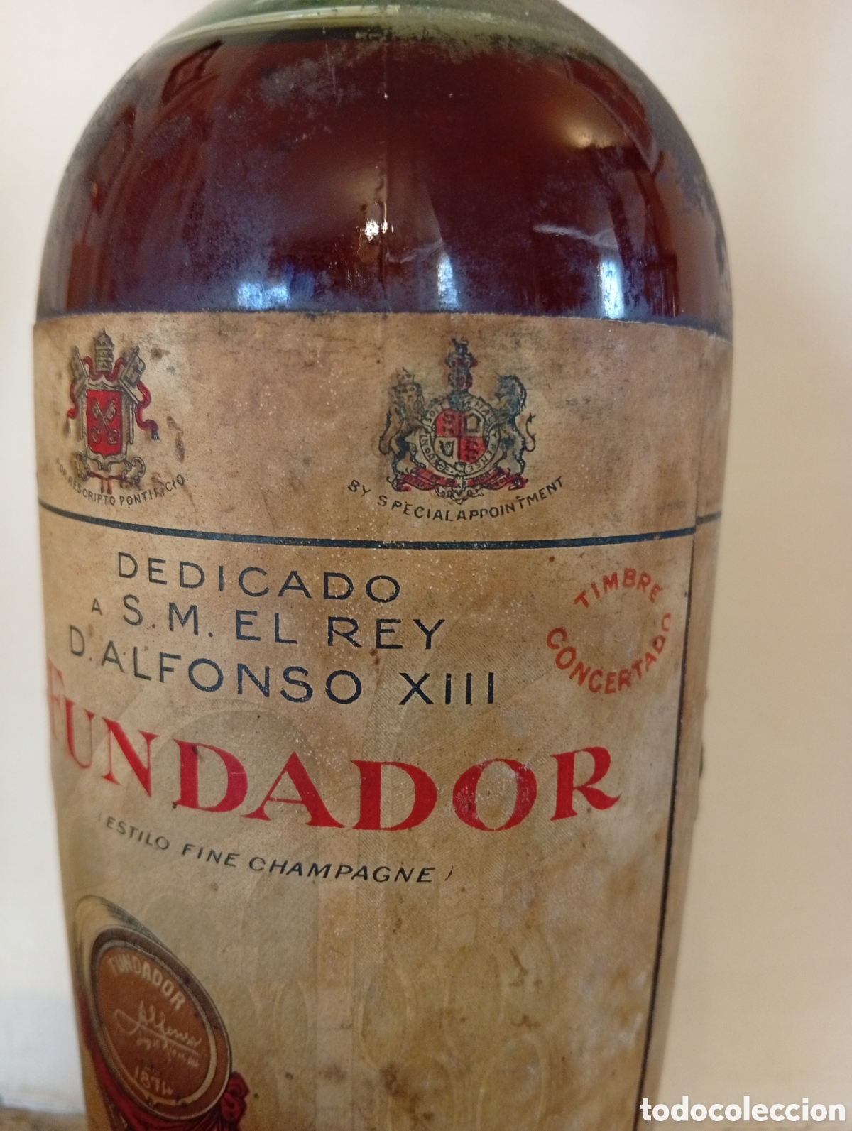 Otras Botellas y Bebidas Antiguas de colecci&oacute;n: &Uacute;nica botella Brandy Fundador con motivo de la visita del Rey Alfonso XIII a la bodega a&ntilde;o 1904 Mayo
