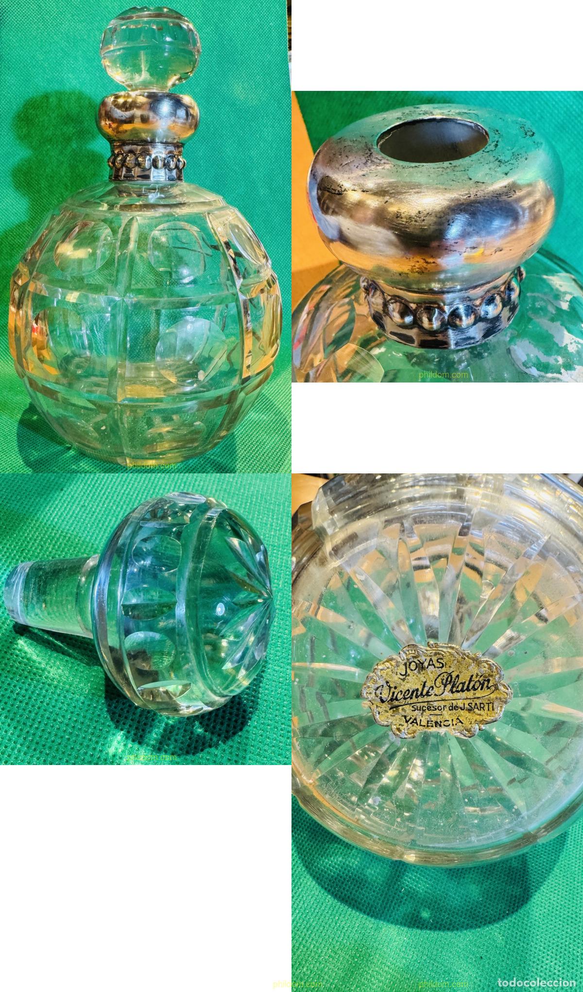 Otras Botellas y Bebidas Antiguas de colecci&oacute;n: BOTELLA PARA LICOR. CRISTAL TALLADO. CUELLO DE PLATA. Alto 21 cm