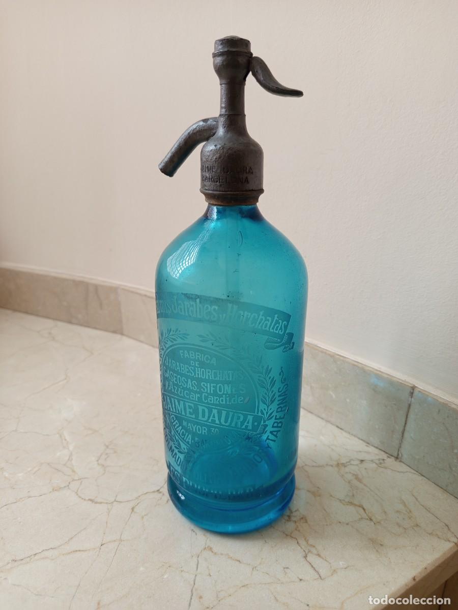 Otras Botellas y Bebidas Antiguas de colecci&oacute;n: Antiguo SIFON JAIME DAURA. CABEZAL DE PLOMO CRISTAL AZUL Modernista. Barcelona.
