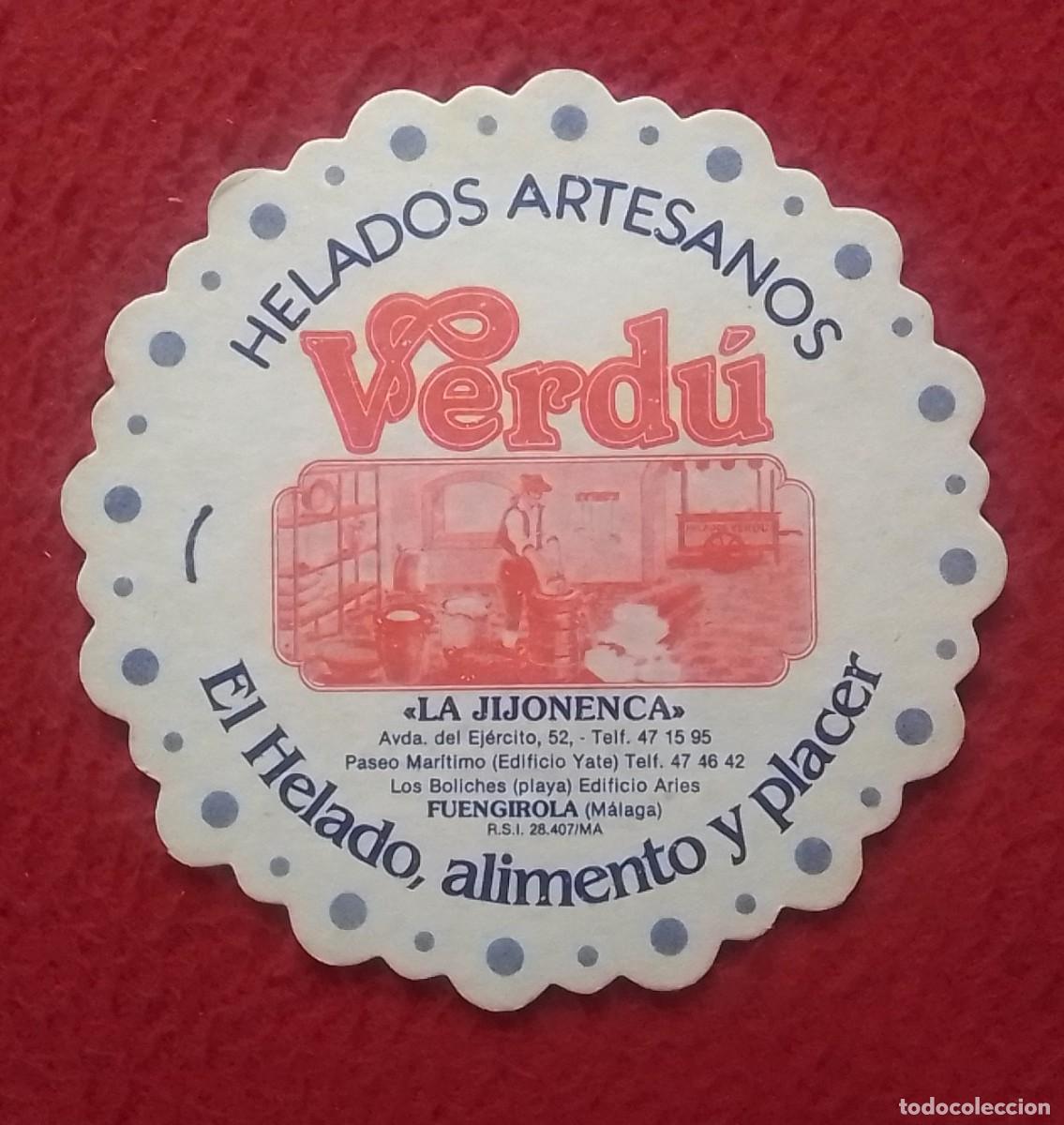 Otras Botellas y Bebidas Antiguas de colecci&oacute;n: ANTIGUO POSAVASOS OLD COASTER MAT HELADOS ARTESANOS VERD&Uacute;..FUENGIROLA M&Aacute;LAGA..LA JIJONENCA ALIMENTO.