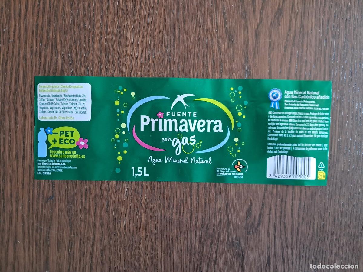 Otras Botellas y Bebidas Antiguas de colecci&oacute;n: etiqueta de botella de agua con gas, Fuente primavera, Valencia, 1.5 litros.