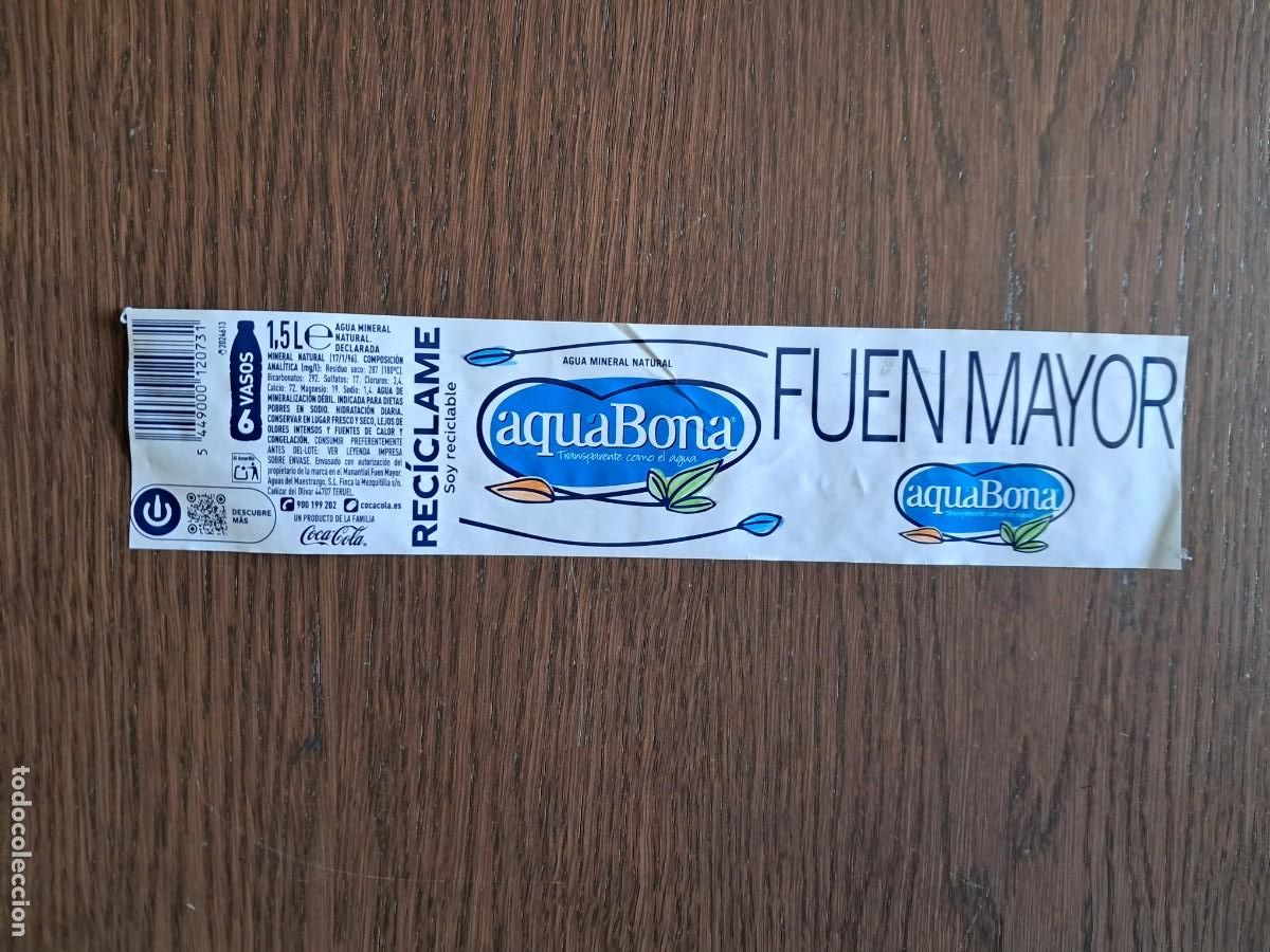 Otras Botellas y Bebidas Antiguas de colecci&oacute;n: etiqueta de botella de agua mineral, Fuenmayor, aquabona, Teruel, 1.5 litros.