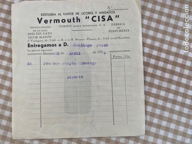 Otras Botellas y Bebidas Antiguas de colecci&oacute;n: Vermouth CISA. Barcelona. 1936. Factura. 15 x 14.5 cm.