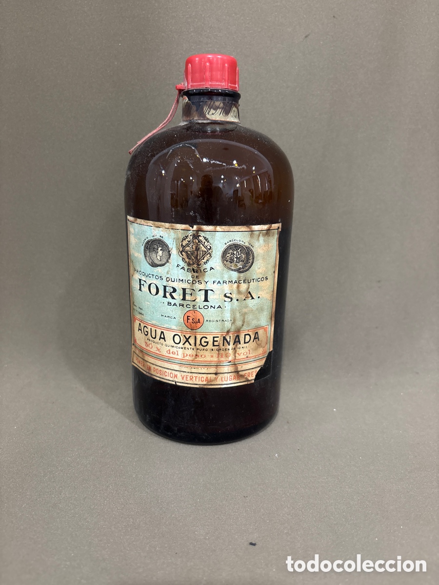 Otras Botellas y Bebidas Antiguas de colecci&oacute;n: Antigua botella cristal Farmacia Agua Oxigenada Foret Barcelona FABRICA PRODUCTOS QUIMICOS*SIN ABRIR
