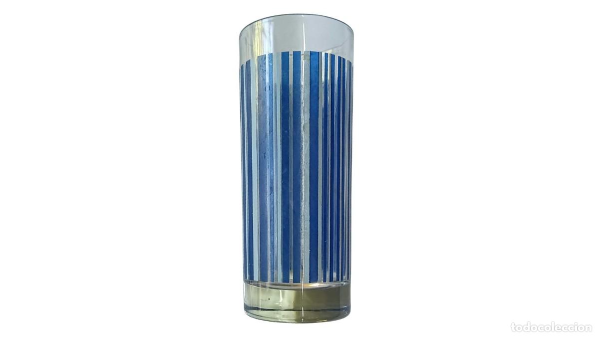 Otras Botellas y Bebidas Antiguas de colecci&oacute;n: VASO LONG DRINK CON FRANJAS VERTICALES AZUL Y BLANCO - VIDRIO GRUESO - BASE MACIZA - VINTAGE 70/80
