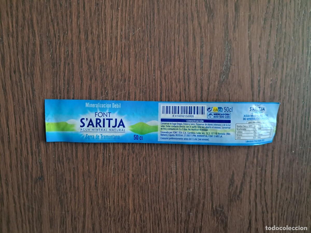 Otras Botellas y Bebidas Antiguas de colecci&oacute;n: etiqueta de botella de agua, font s'aritja, Serra de tramuntana, Mallorca. 50 cl.