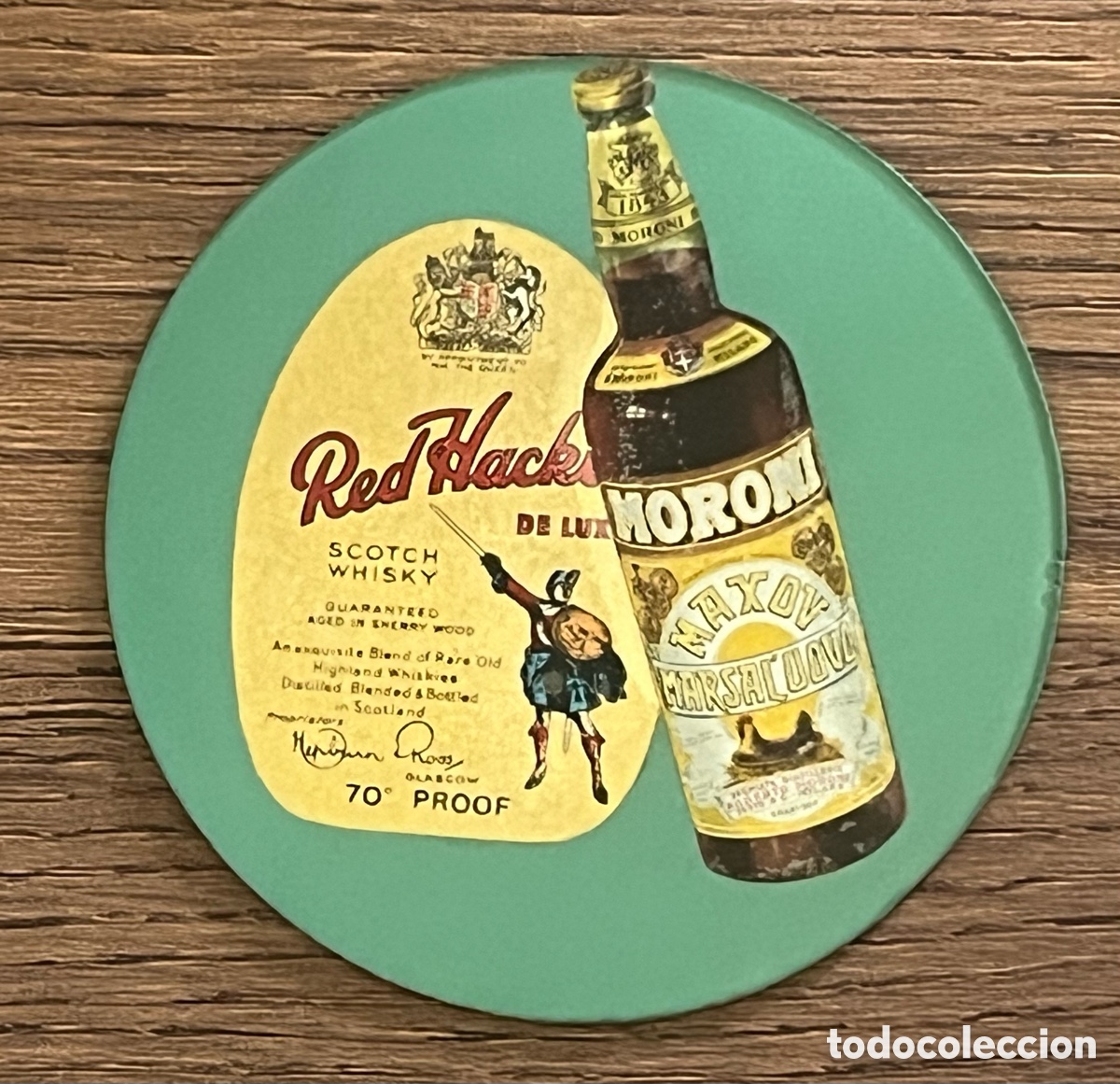 Otras botellas y bebidas antiguas de colecci&oacute;n: POSAVASOS CRISTAL: PUBLICIDAD WHISKY RED HACKLE Y LICOR MORONI MAXOV