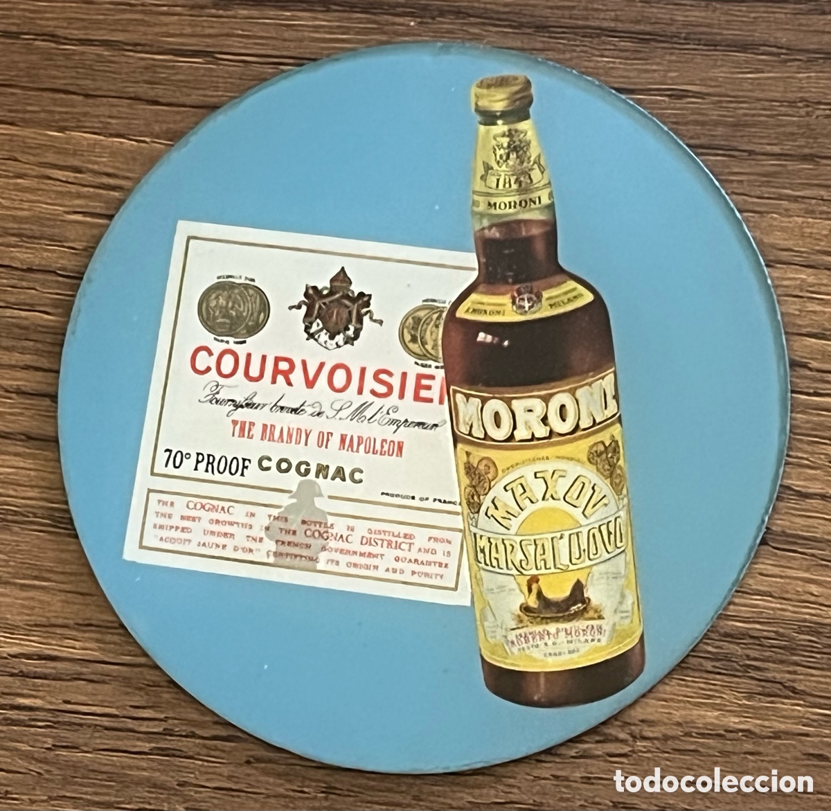 Otras botellas y bebidas antiguas de colecci&oacute;n: POSAVASOS CRISTAL: COGNAC COURVOISIER Y LICOR MORONI MAXOV - PUBLICIDAD