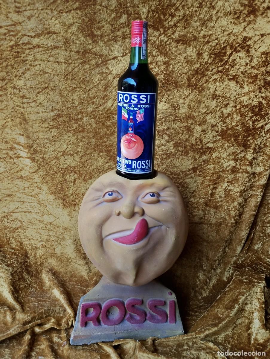 Otras botellas y bebidas antiguas de colecci&oacute;n: Expositor/display de VERMUT ROSSI (Torino) que sostiene una botella precintada -nunca abierta- por