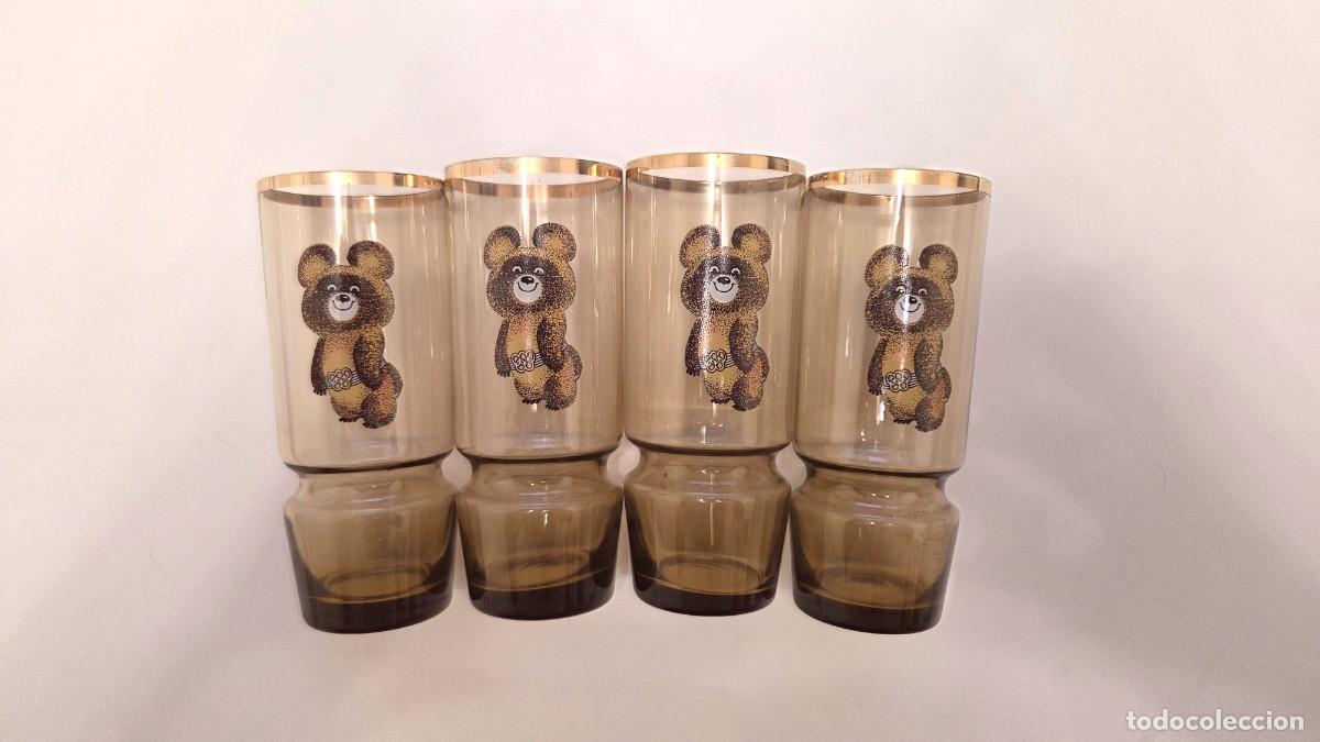 Otras botellas y bebidas antiguas de colecci&oacute;n: Moscow 1980 Olympics - Vintage Soviet-era x4 drinking amber-tinted glasses - 1980