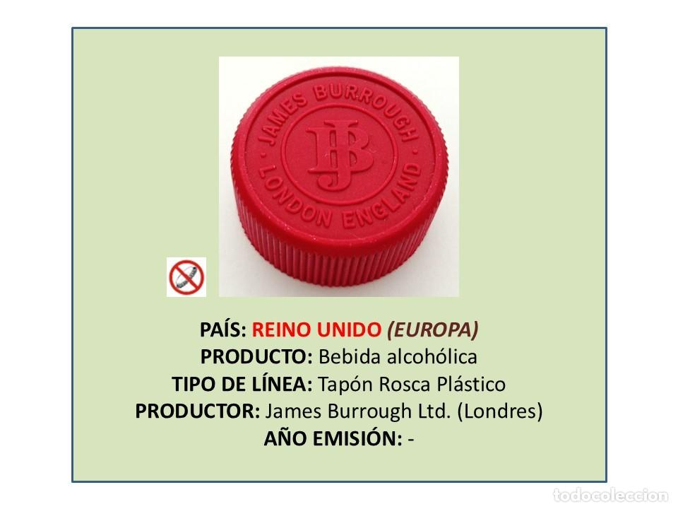 Otras botellas y bebidas antiguas de colecci&oacute;n: TAPON CORONA CAPSULA CHAPA ROSCA PL&Aacute;STICO GINEBRA JAMES BURROUGH (REINO UNIDO)
