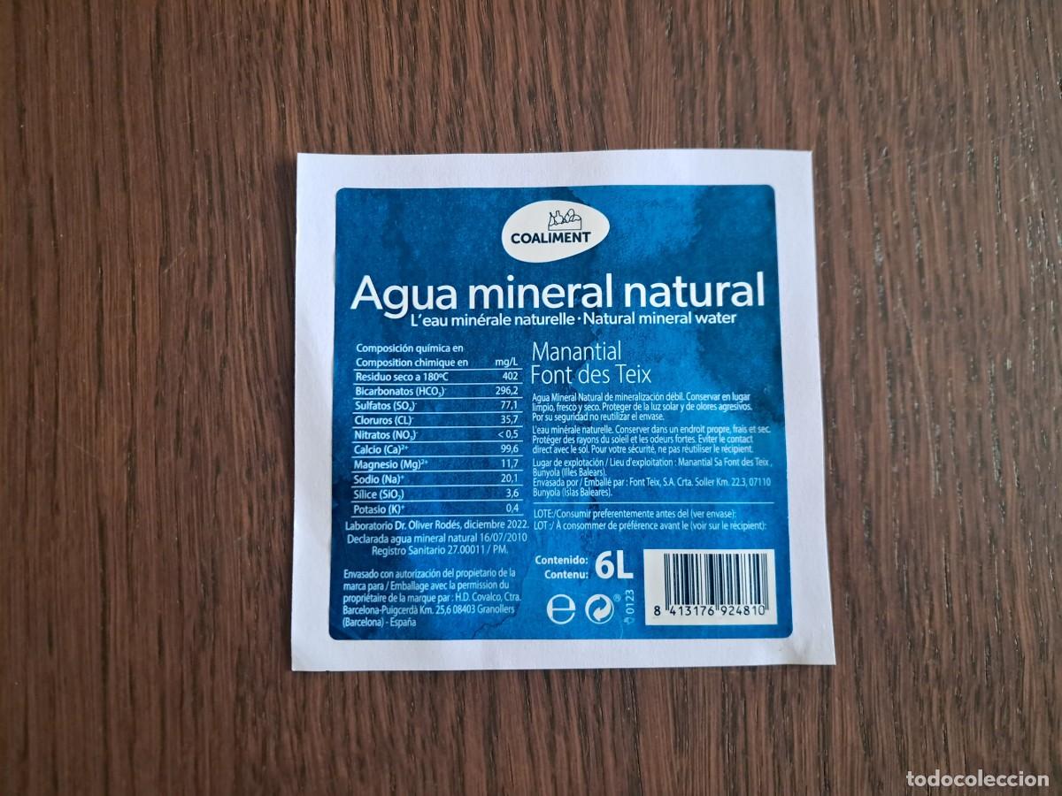 Otras botellas y bebidas antiguas de colecci&oacute;n: etiqueta de botella de agua mineral natural, manantial font des Teix, Bunyola, Mallorca, 6 litros