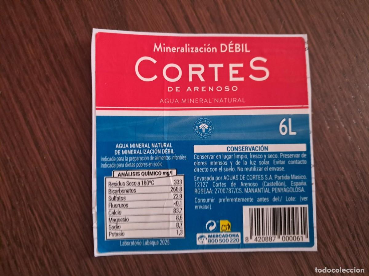 Collectionnisme d'Autres Bouteilles et Boissons : etiqueta de botella de agua mineral, Cort&eacute;s de Arenoso, Castell&oacute;n. 6 litros.